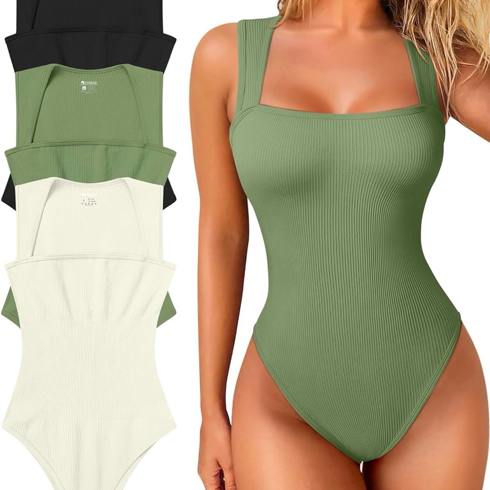 OQQ women’s 3 piece Black, Green, and White Bodysuits size large